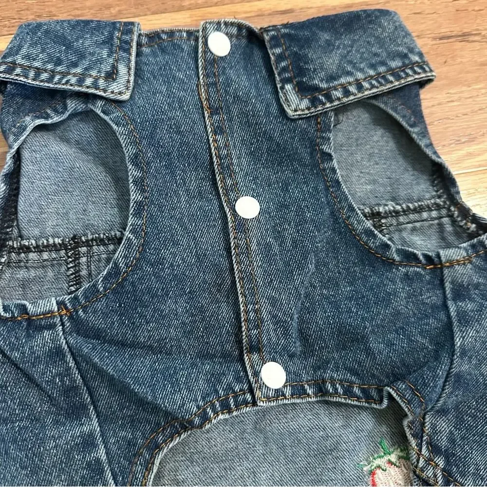 Dog Denim Jacket, Embroidered Strawberries,‎ Distressing, Pet, Snap Buttons, XL